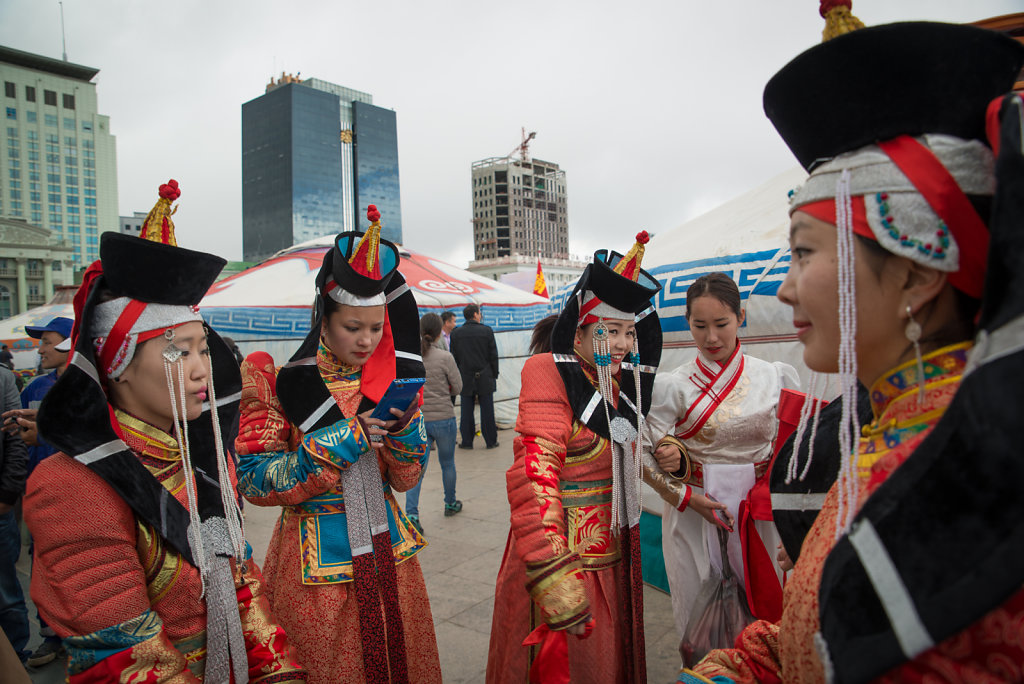 Folk artists at an outdoor event on Sukhbaatar square.